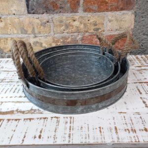 Rnd Tray Galv. Rope/Rustic Detail - Set/3