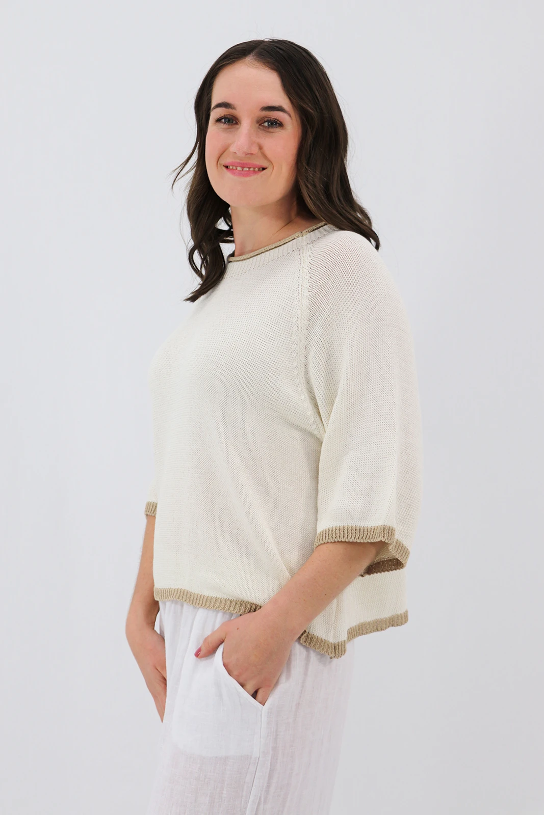 Aida Rose Clarice Boxy Knit Tee Off White Side View
