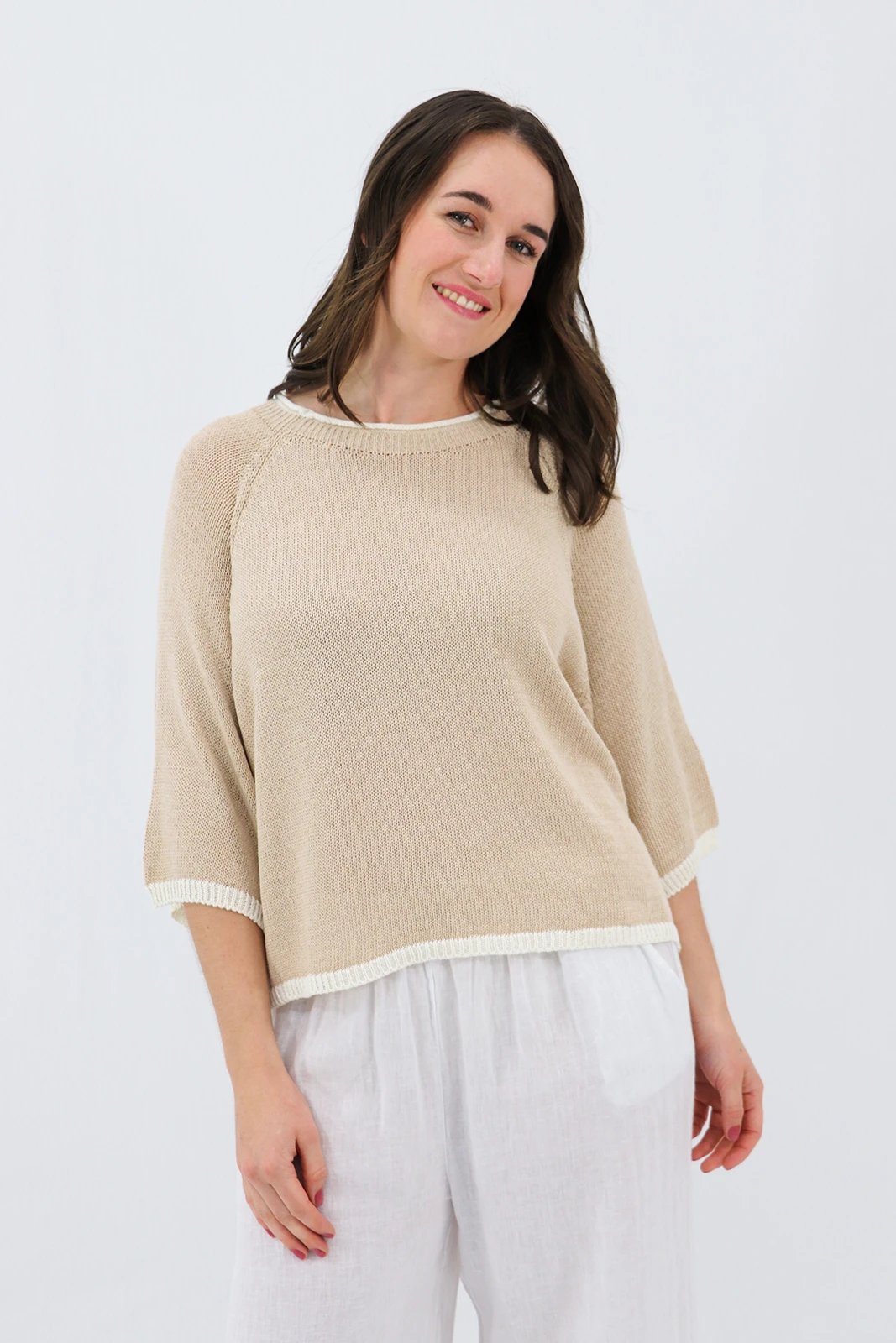 Aida Rose Clarice Boxy Knit Tee Natural Front View