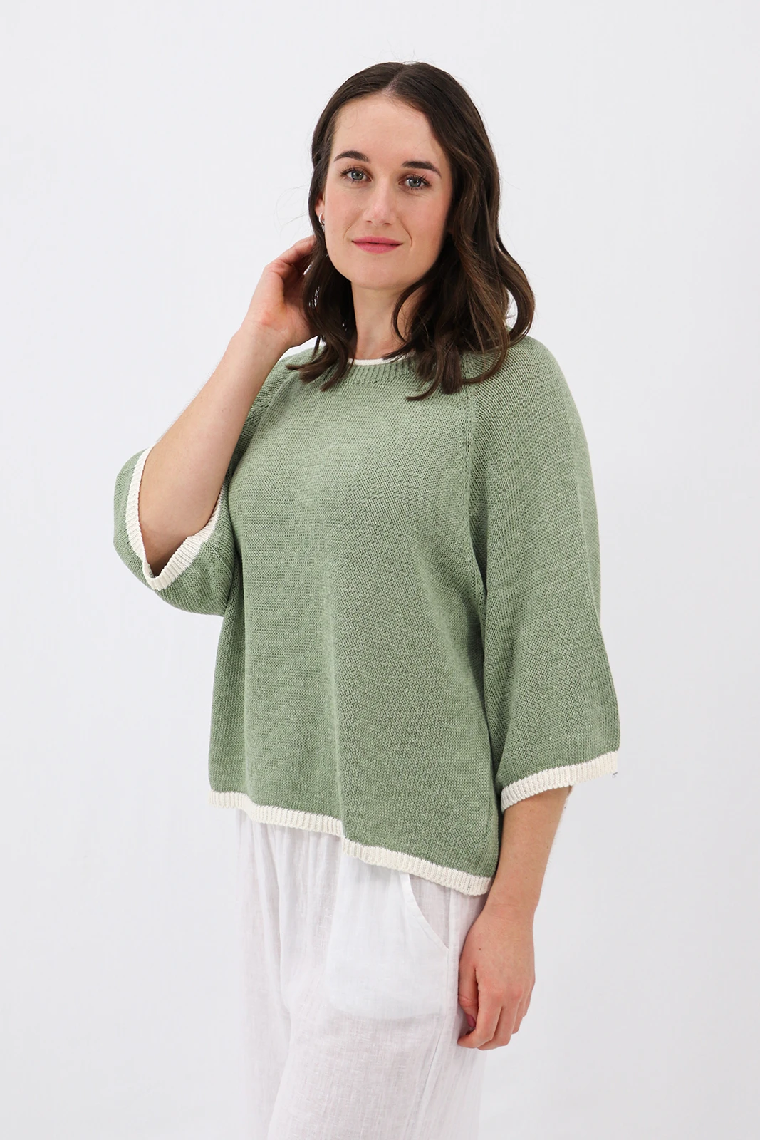 Aida Rose Clarice Boxy Knit Tee Sage Front View