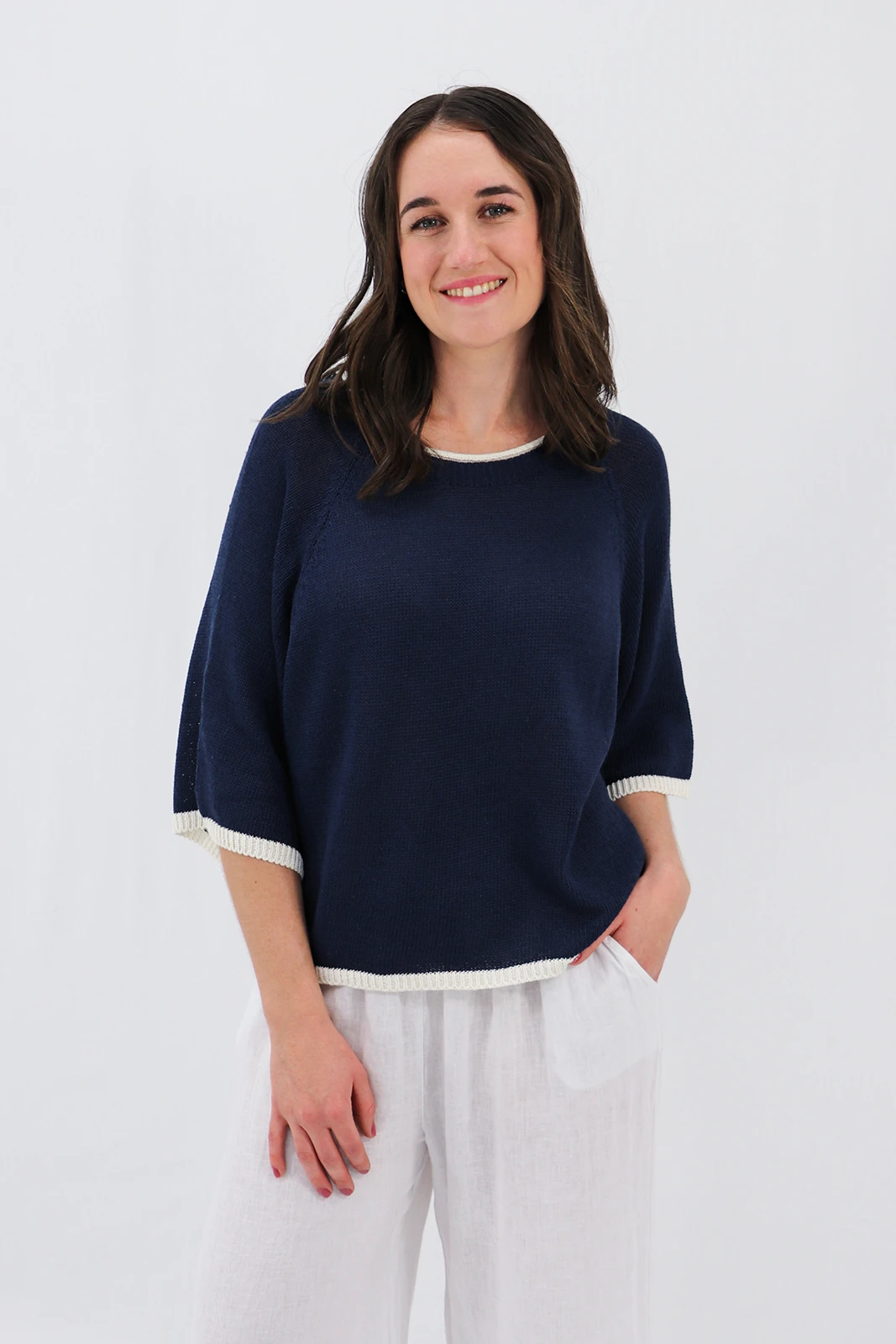 Aida Rose Clarice Boxy Knit Tee Navy Front View