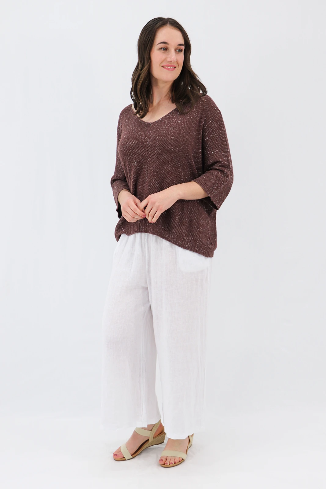 Aida Rose Gina Light and Loose Glitter Knit Chocolate Model