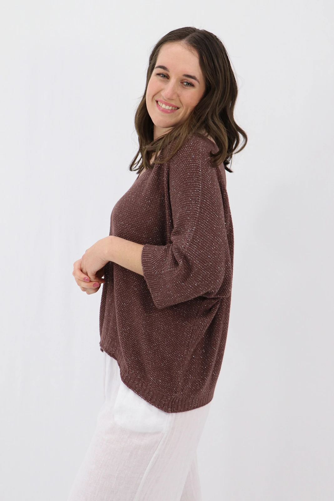 Aida Rose Gina Light and Loose Glitter Knit Chocolate Side View