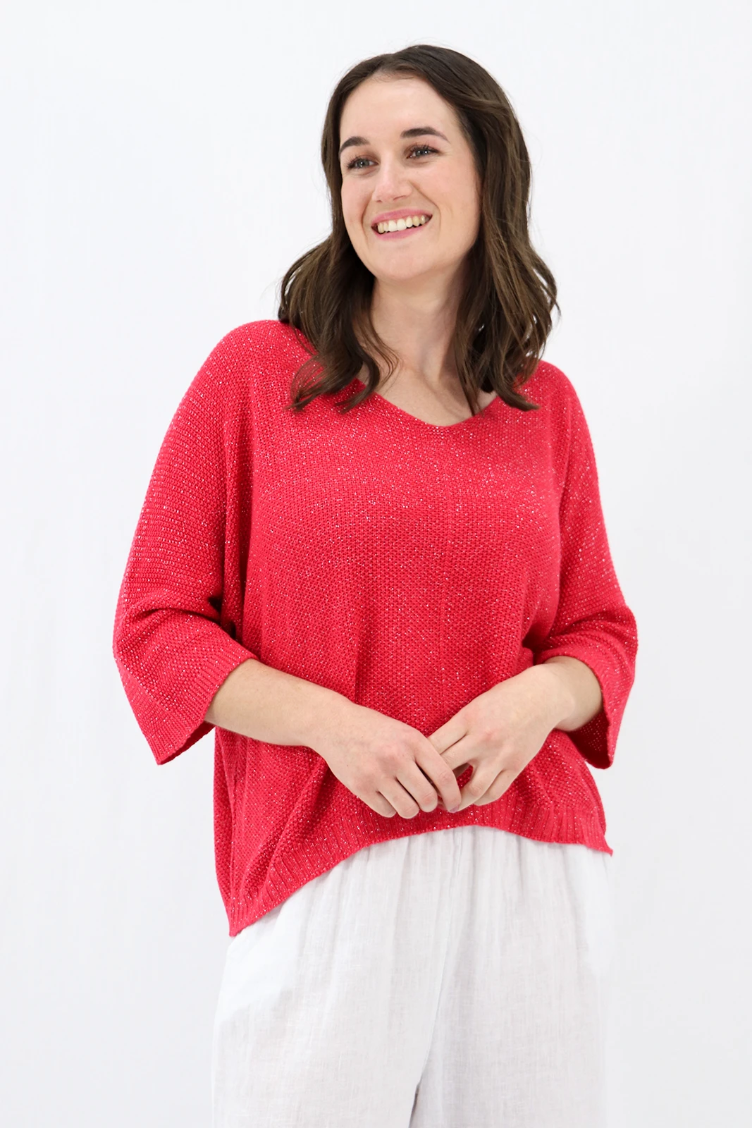 Aida Rose Gina Light and Loose Glitter Knit Red Front View