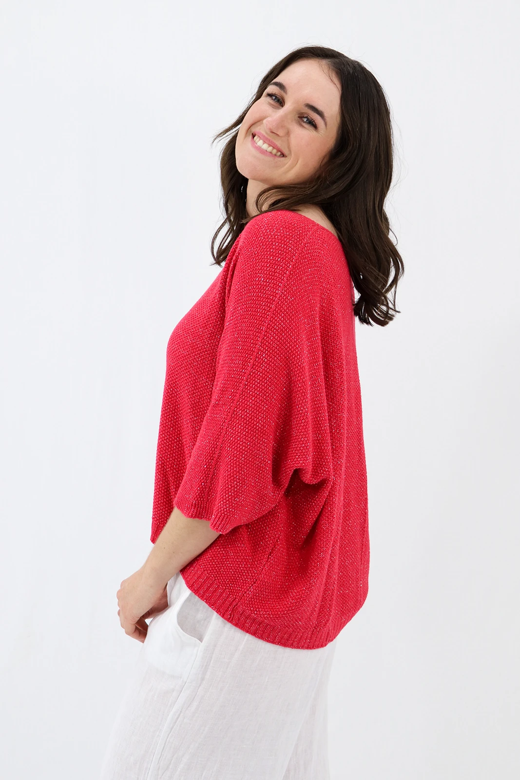 Aida Rose Gina Light and Loose Glitter Knit Red Side View