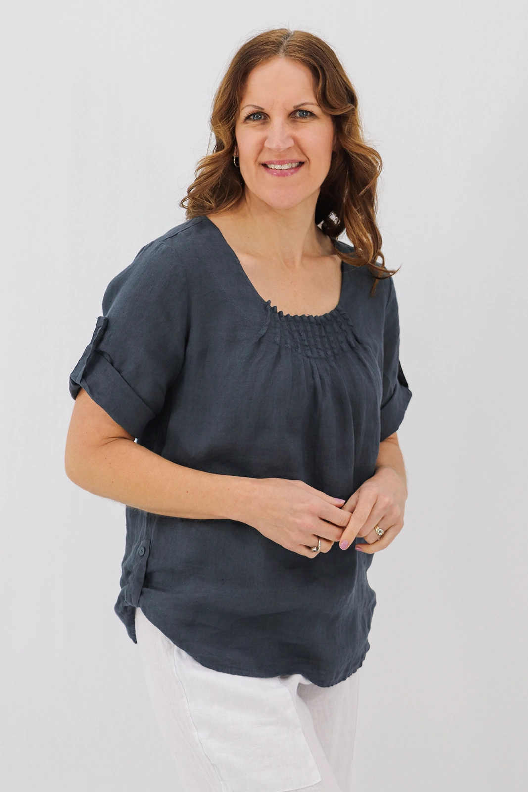 Aida Rose Linen The Rolled Sleeve Top Dark Slate