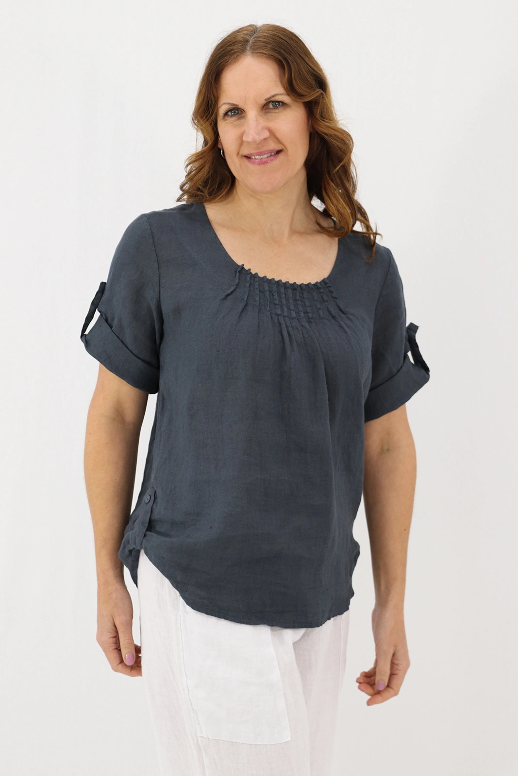 Aida Rose Linen The Rolled Sleeve Top Dark Slate Front