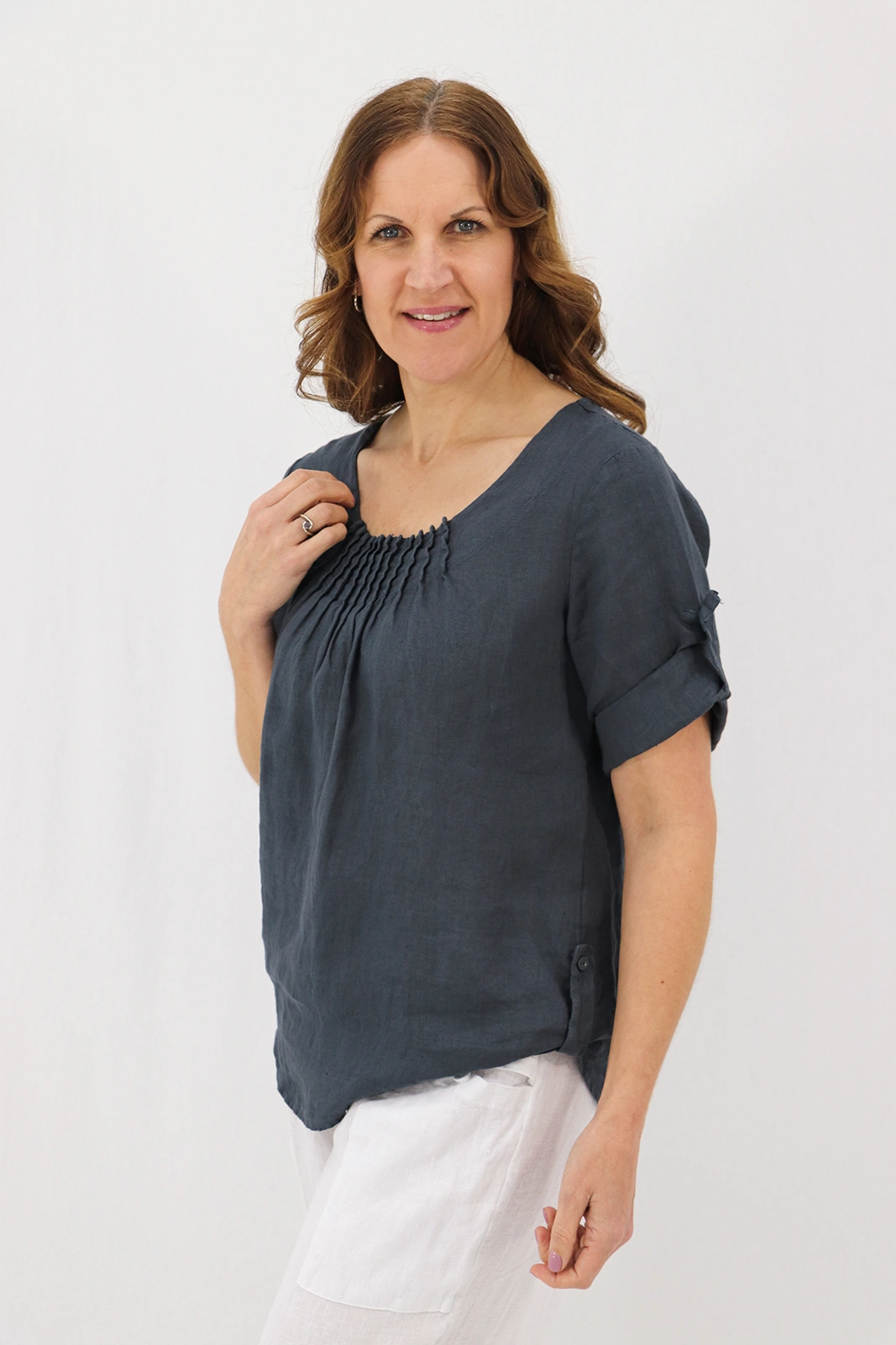 Aida Rose Linen The Rolled Sleeve Top Dark Slate Side