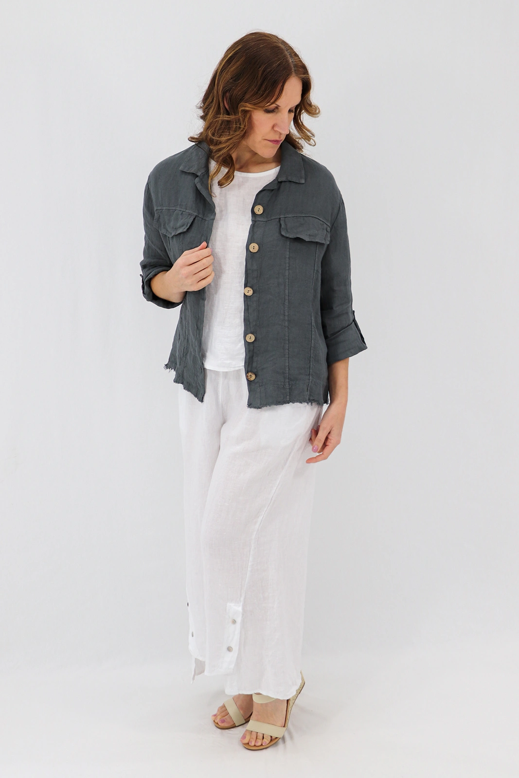 Aida Rose Linen Roma Shirt Jacket Dark Slate Front