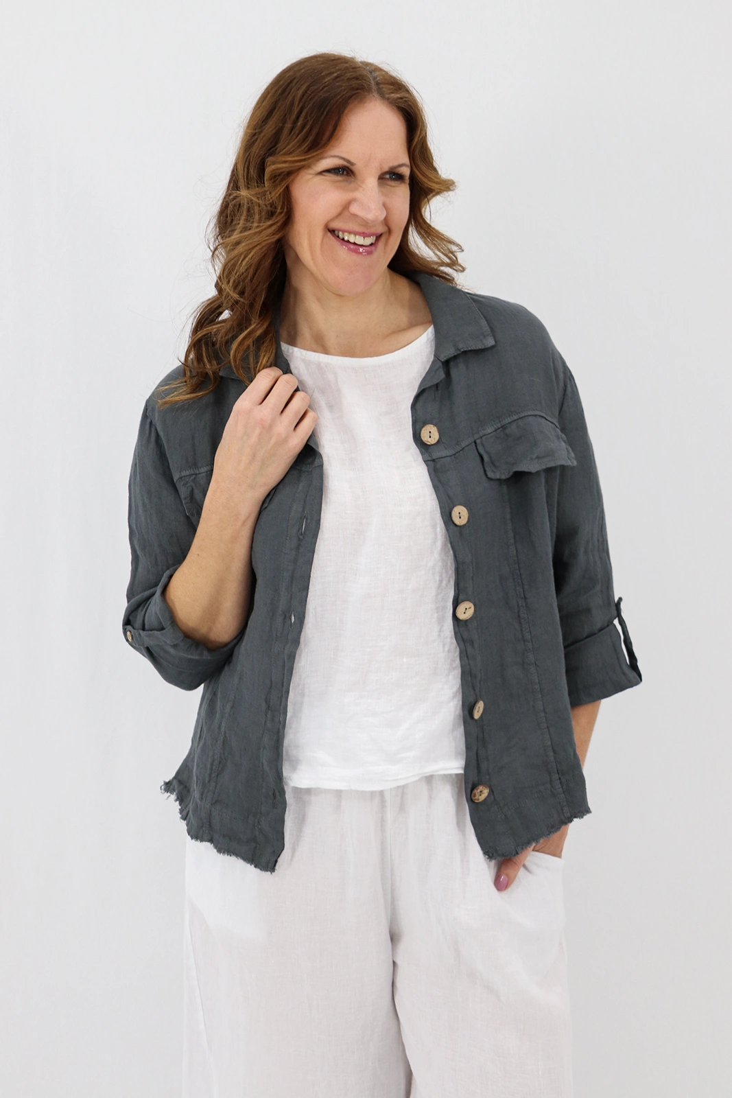 Aida Rose Linen Roma Shirt Jacket Dark Slate Zoom
