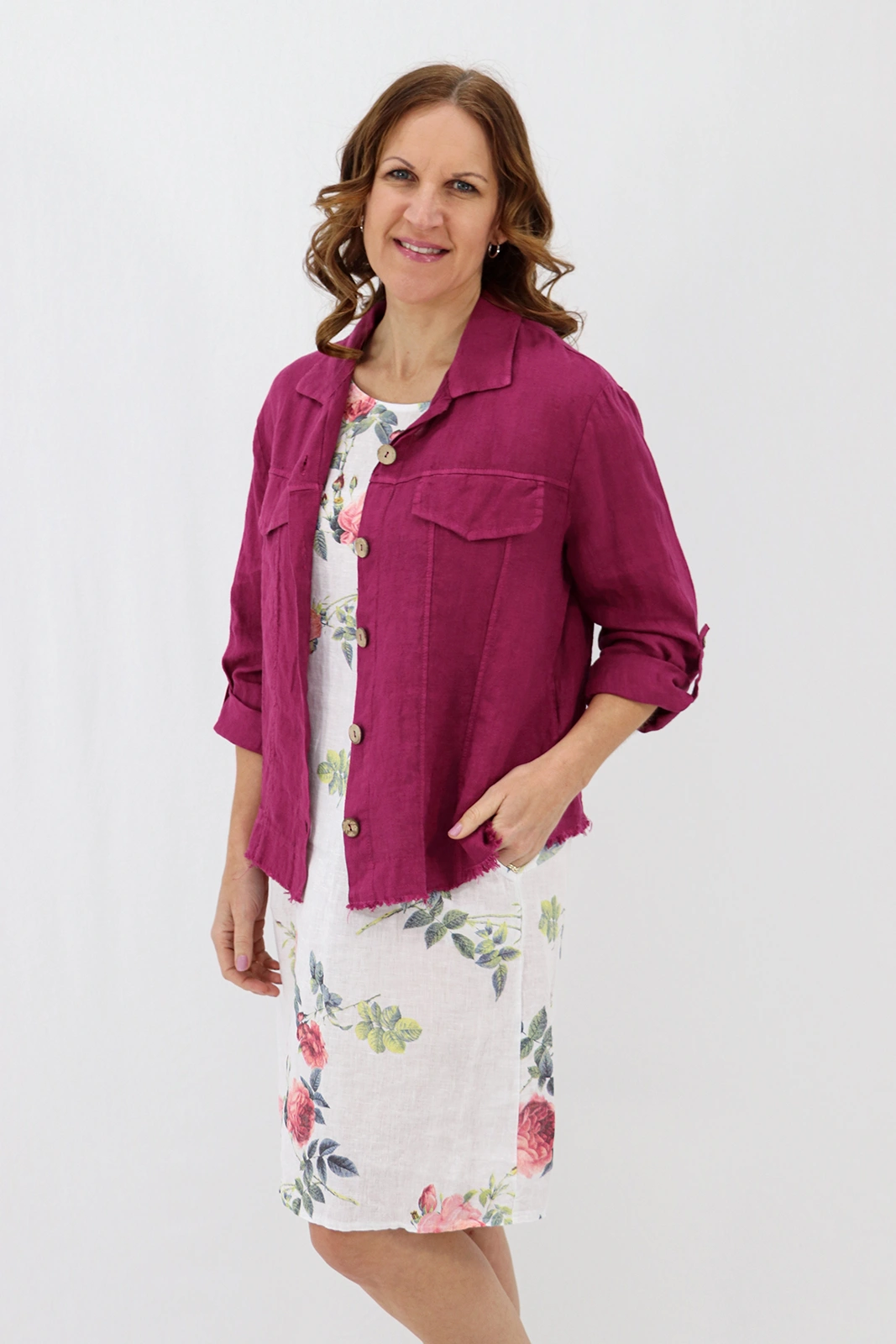 Aida Rose Linen Roma Shirt Jacket Berry Front