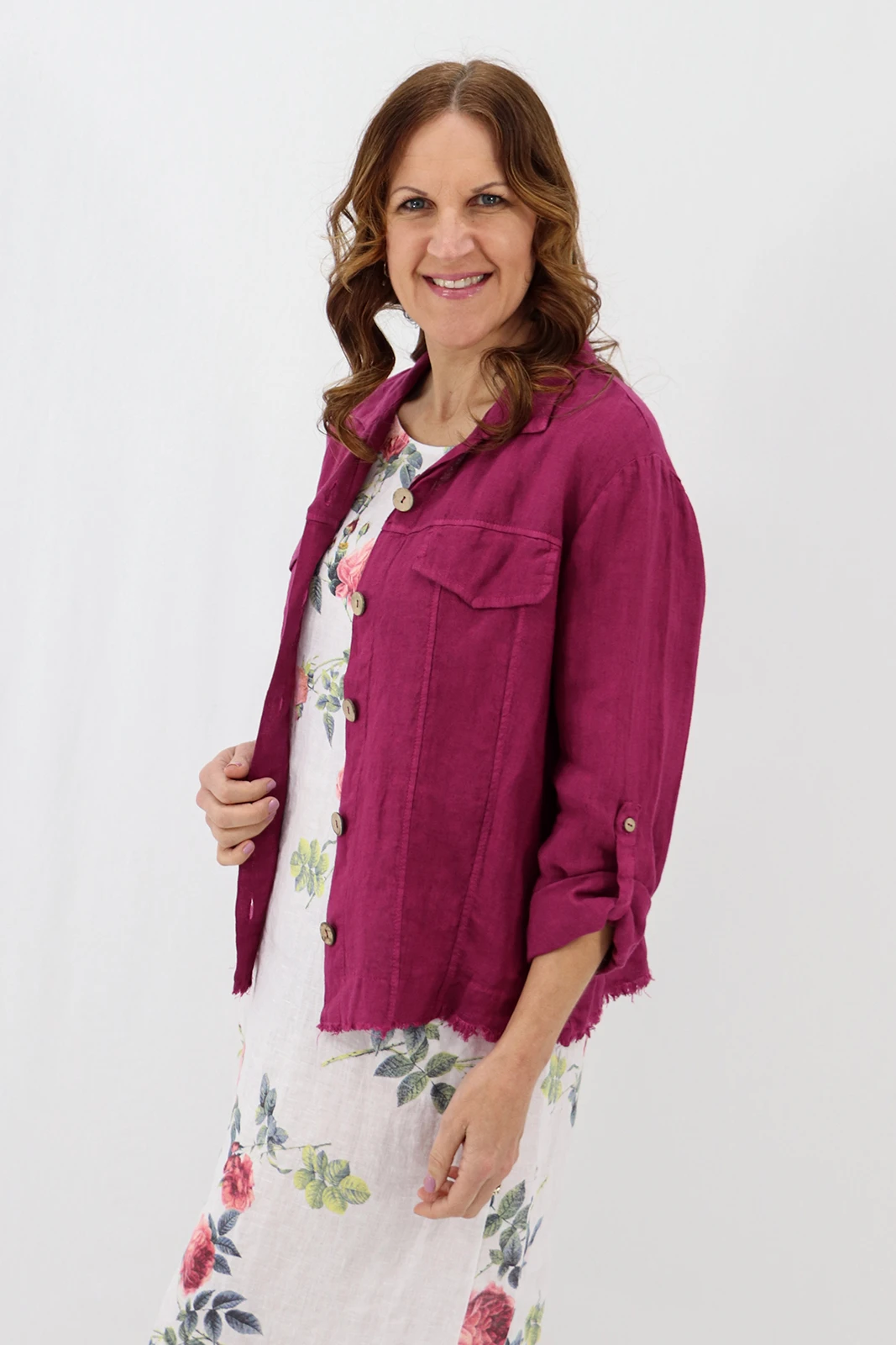 Aida Rose Linen Roma Shirt Jacket Berry Model