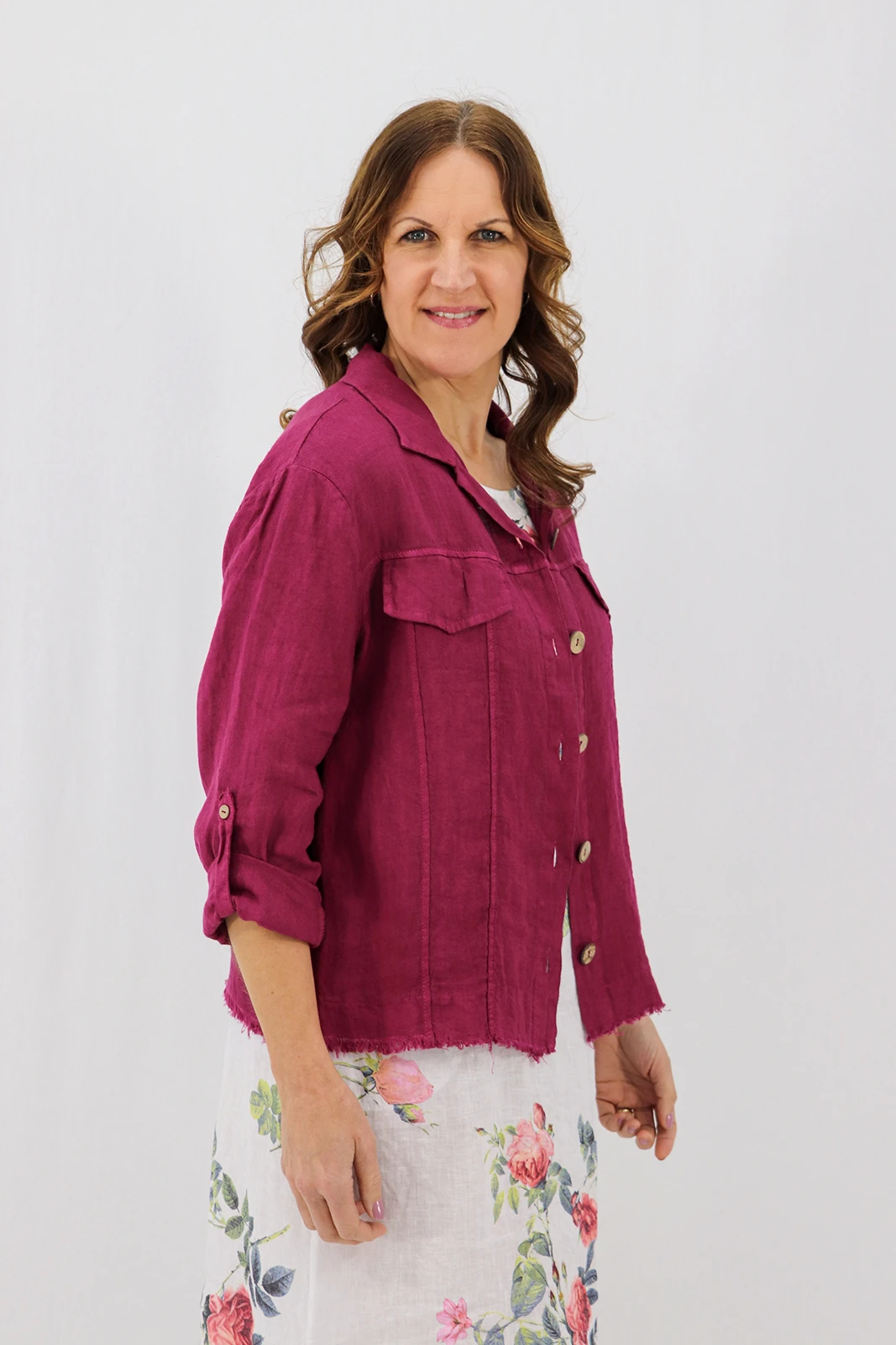Aida Rose Linen Roma Shirt Jacket Berry Side