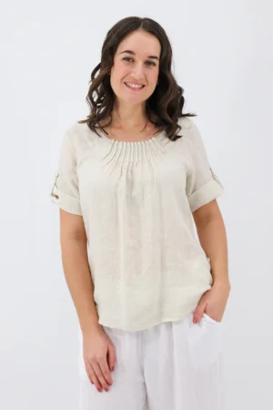 Aida Rose Linen The Rolled Sleeve Top Natural Model