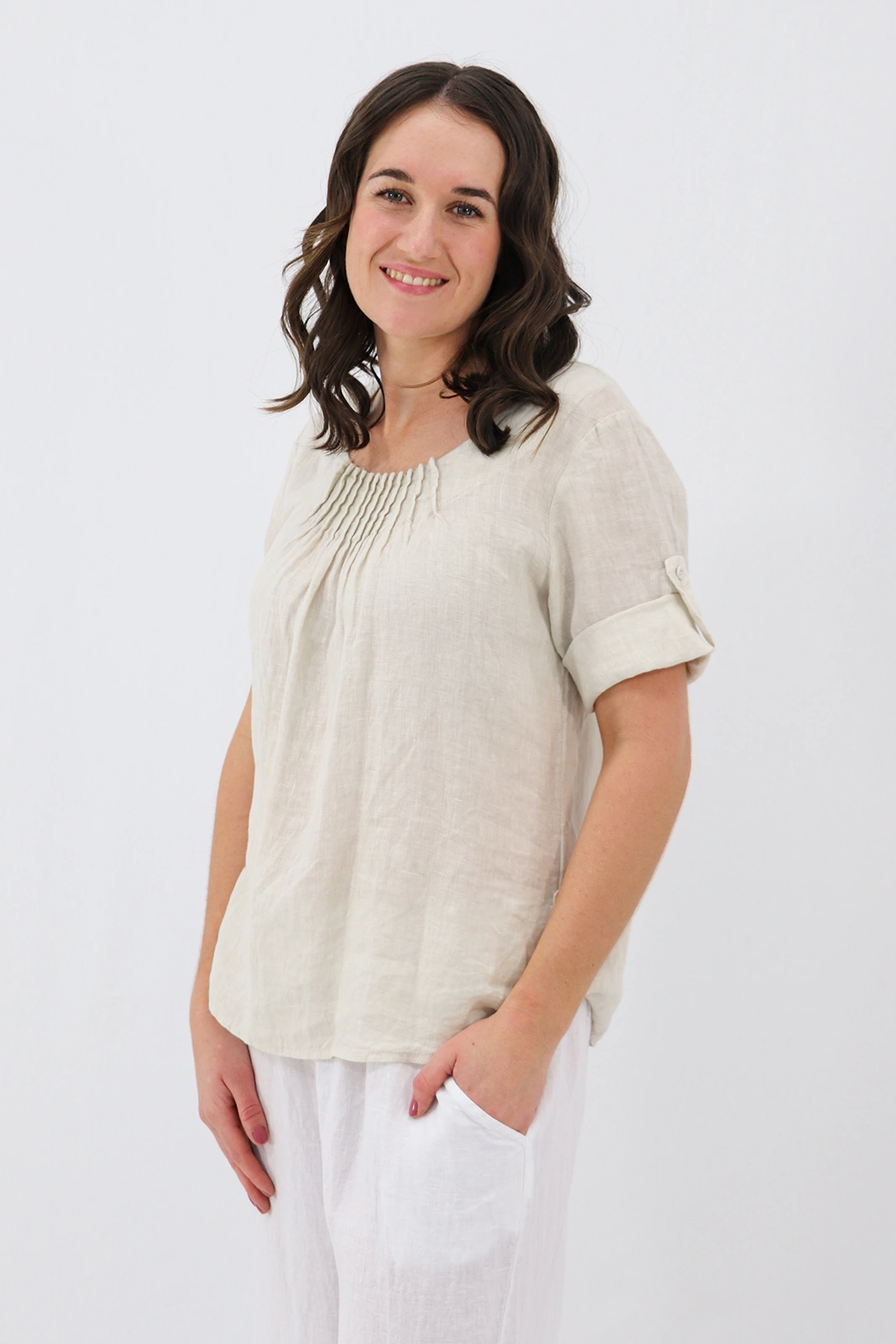Aida Rose Linen The Rolled Sleeve Top Natural