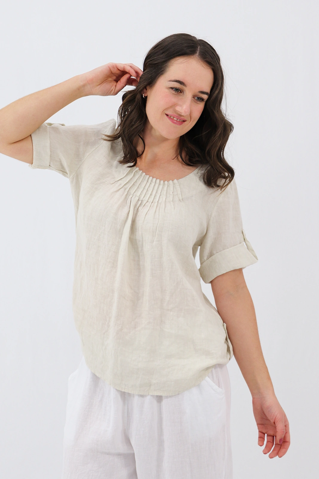 Aida Rose Linen The Rolled Sleeve Top Natural Front