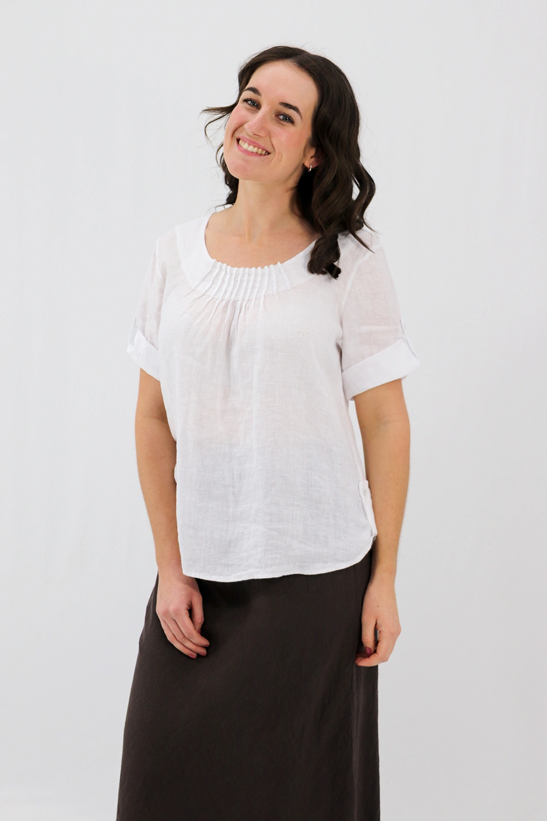 Aida Rose Linen The Rolled Sleeve Top White Front
