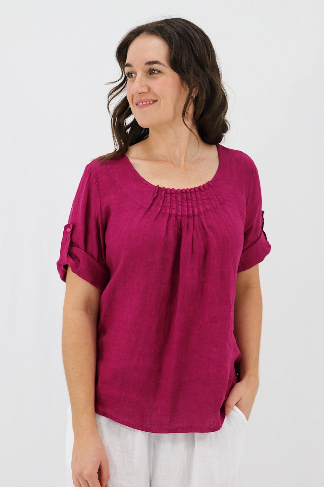 Aida Rose Linen The Rolled Sleeve Top Berry Front
