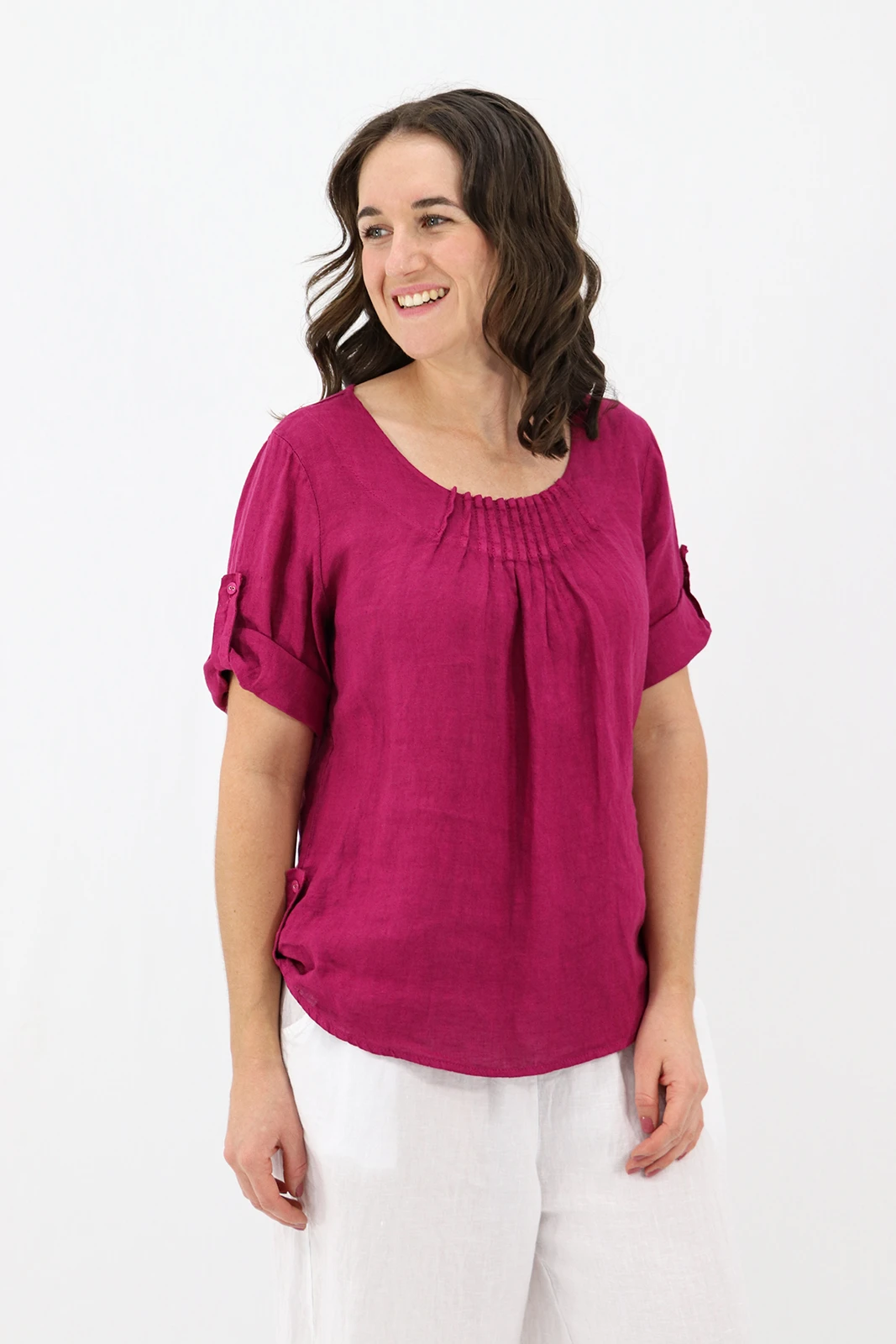 Aida Rose Linen The Rolled Sleeve Top Berry