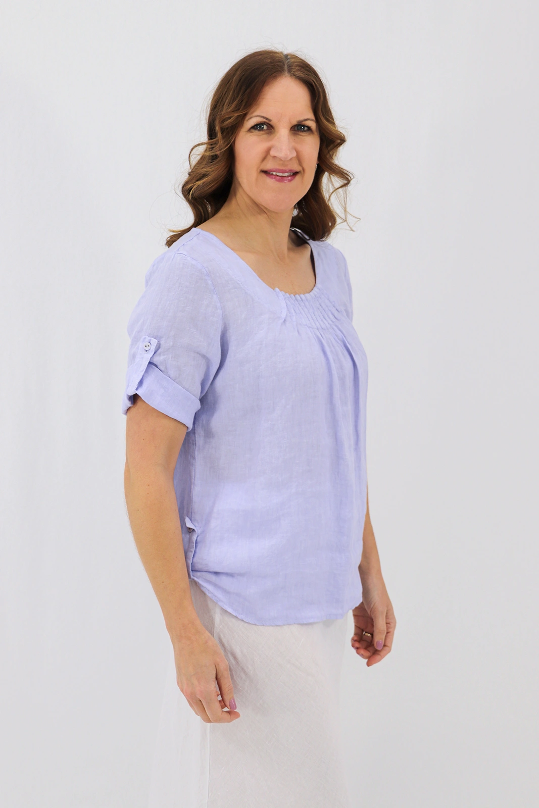 Aida Rose Linen The Rolled Sleeve Top Periwinkle Side