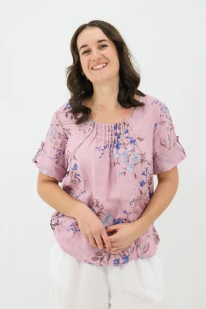 Aida Rose Linen Rolled Sleeve Top Petite Posy Orchid Front