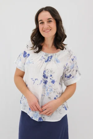 Aida Rose Linen Rolled Sleeve Top Petite Posy White Zoom