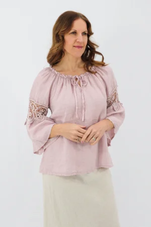 Aida Rose Linen Labella Boho Blouse Antique Pink Front