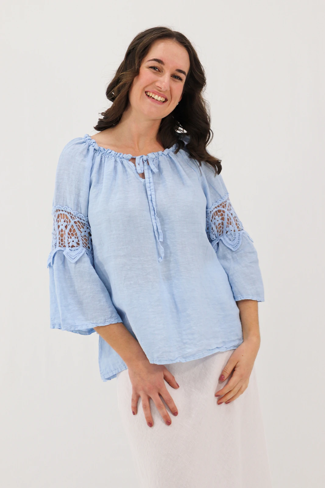 Aida Rose Linen Labella Boho Blouse Sky Blue Front