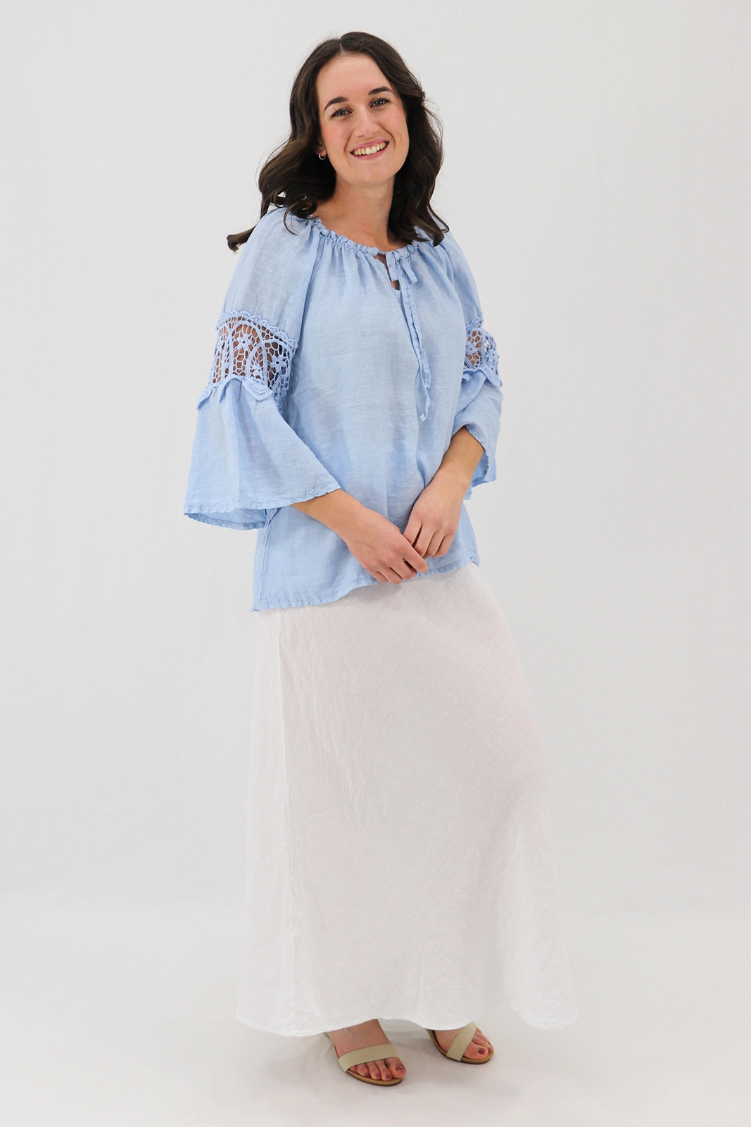 Aida Rose Linen Labella Boho Blouse Sky Blue Model