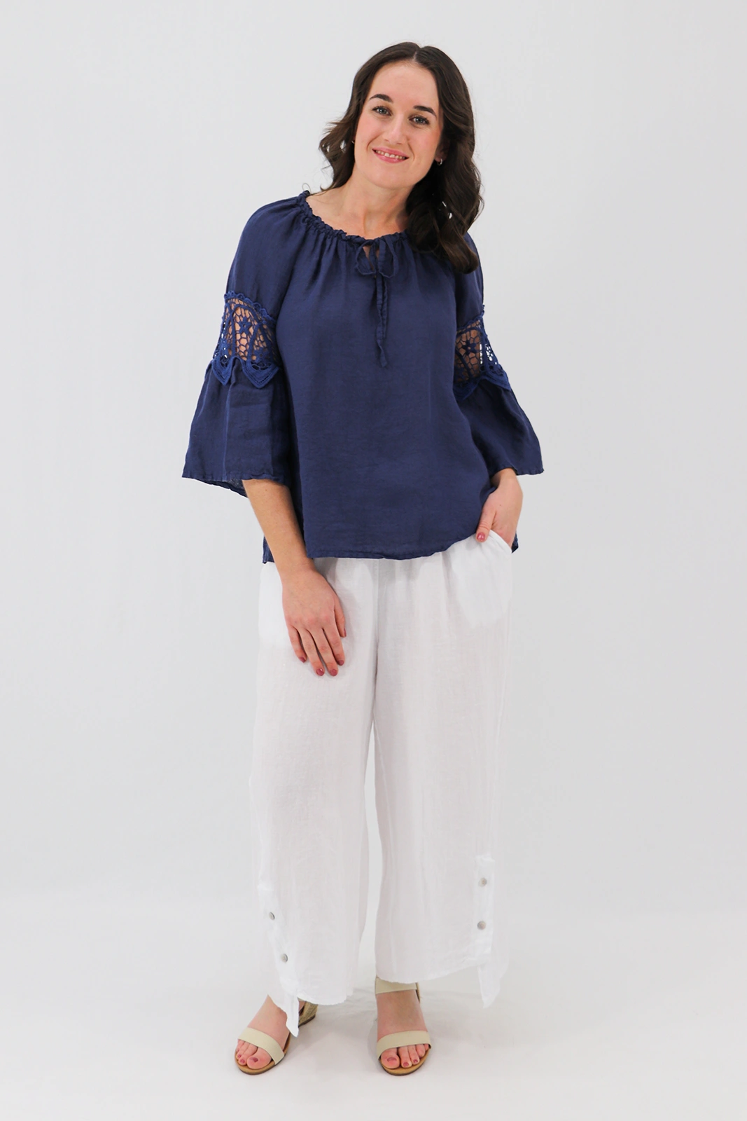 Aida Rose Linen Labella Boho Blouse Navy Front