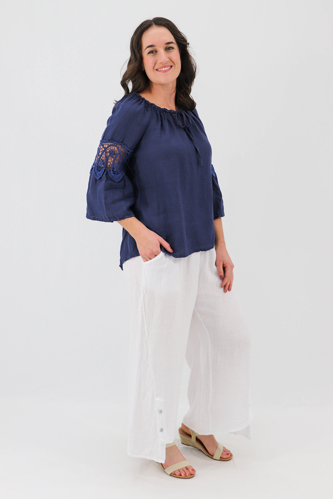 Aida Rose Linen Labella Boho Blouse Navy Side
