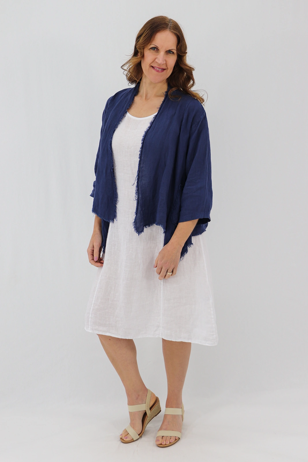 Aida Rose Linen Nella Raw Edge Cardi Navy
