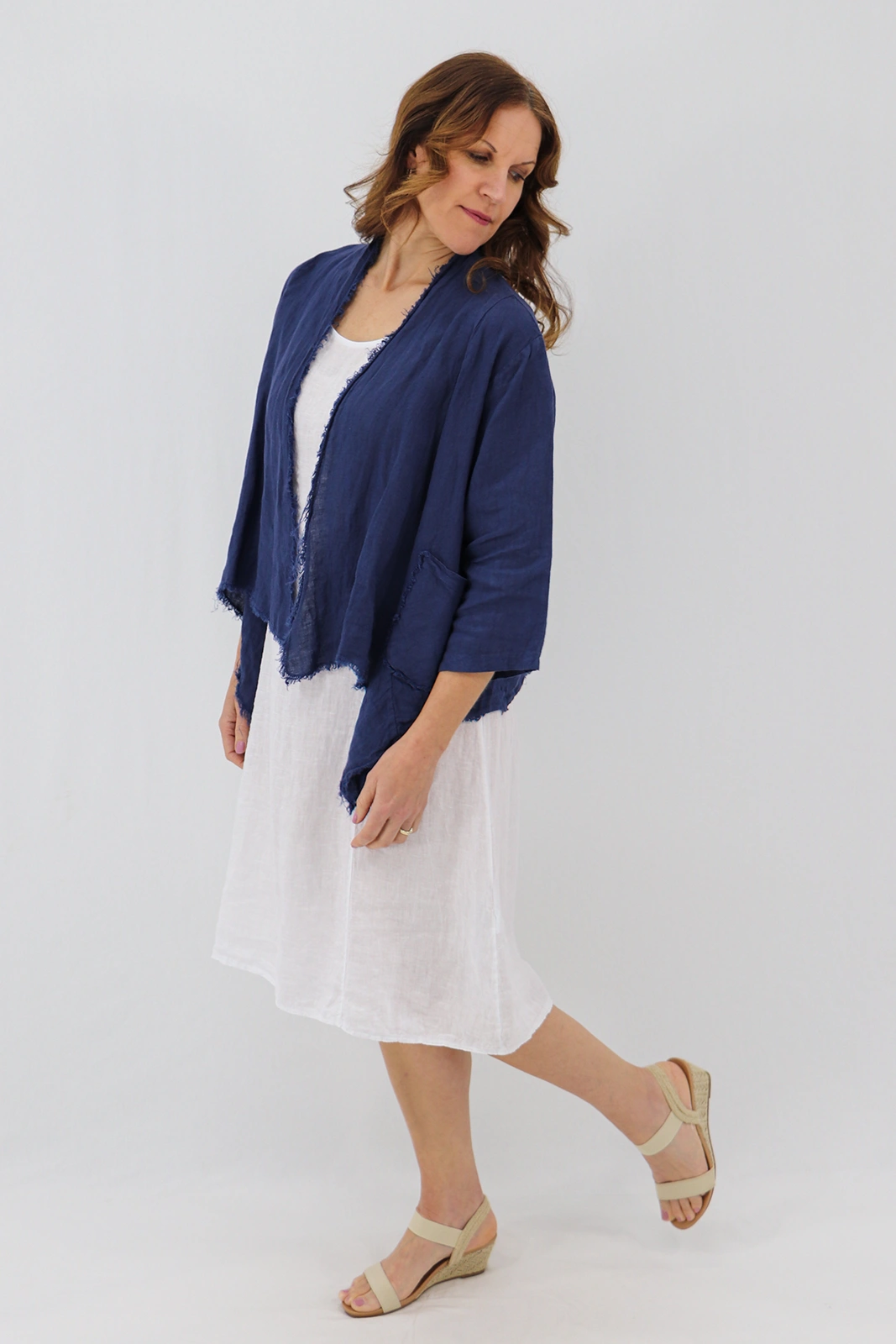 Aida Rose Linen Nella Raw Edge Cardi Navy Side