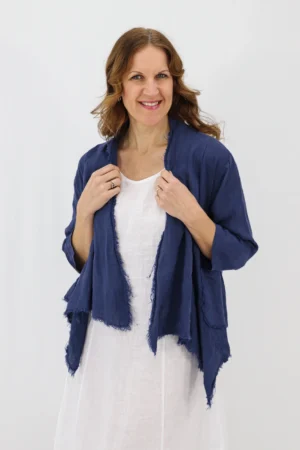 Aida Rose Linen Nella Raw Edge Cardi Navy Front