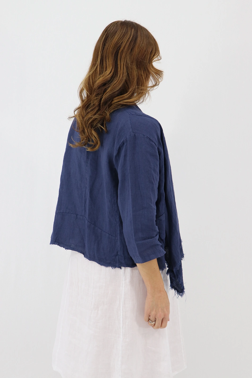 Aida Rose Linen Nella Raw Edge Cardi Navy Back