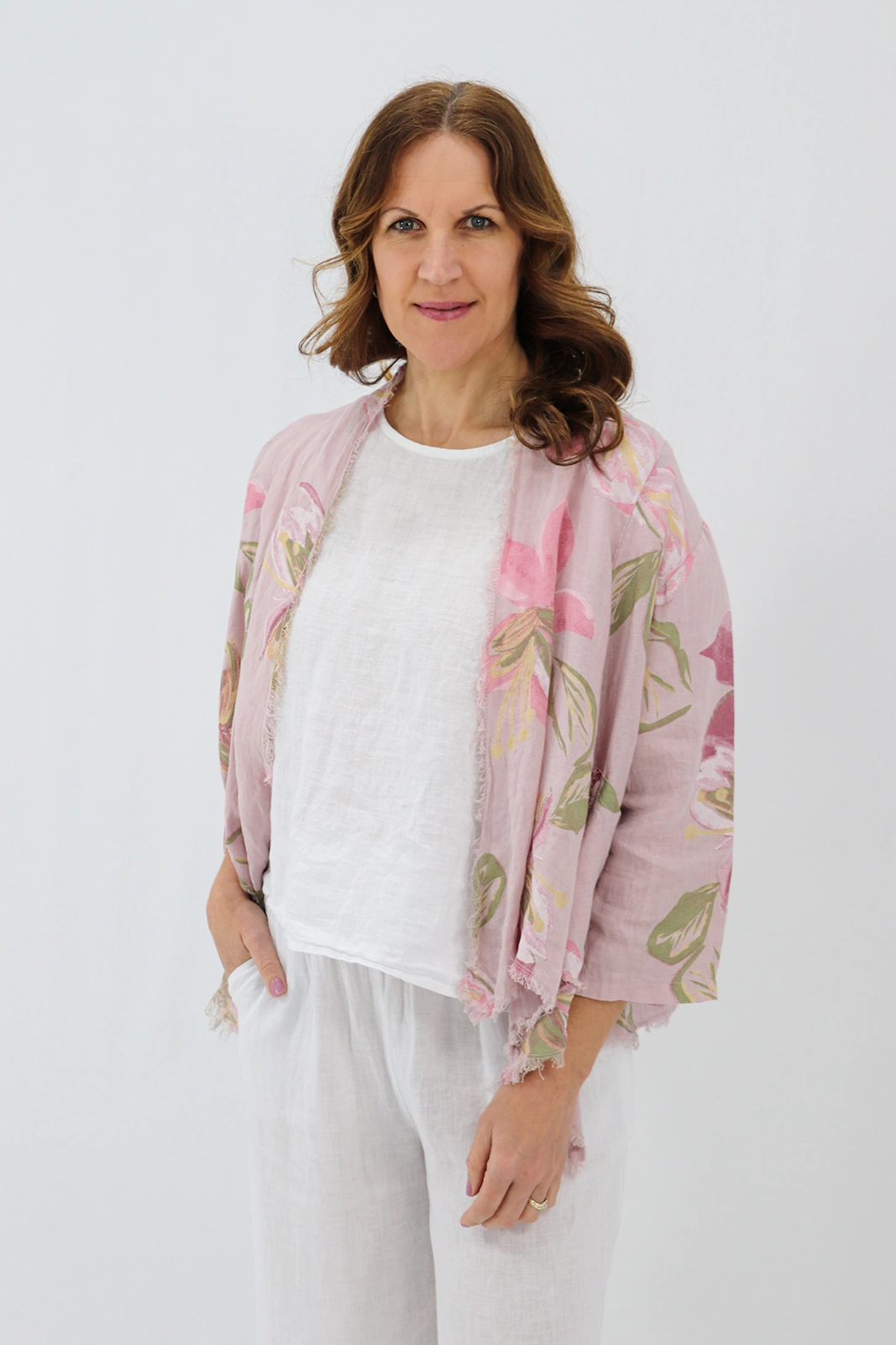 Aida Rose Linen Nella Raw Edge Cardi - Lily Antique Pink Front