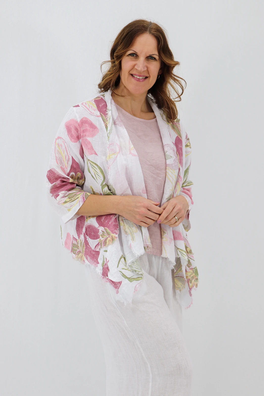 Aida Rose Linen Nella Raw Edge Cardi - Lily White Front Side