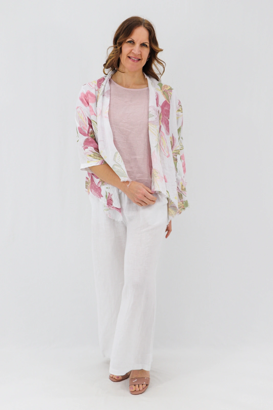 Aida Rose Linen Nella Raw Edge Cardi - Lily White Front