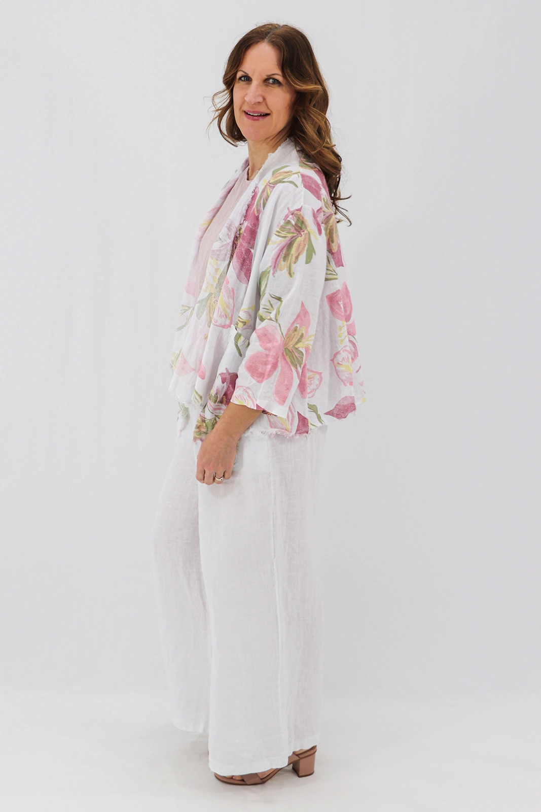 Aida Rose Linen Nella Raw Edge Cardi - Lily White Side