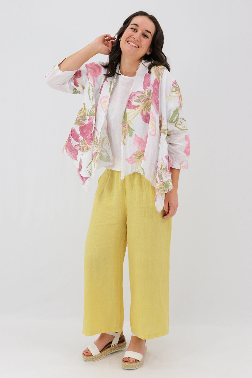 Aida Rose Linen Nella Raw Edge Cardi - Lily White Model 2 Front