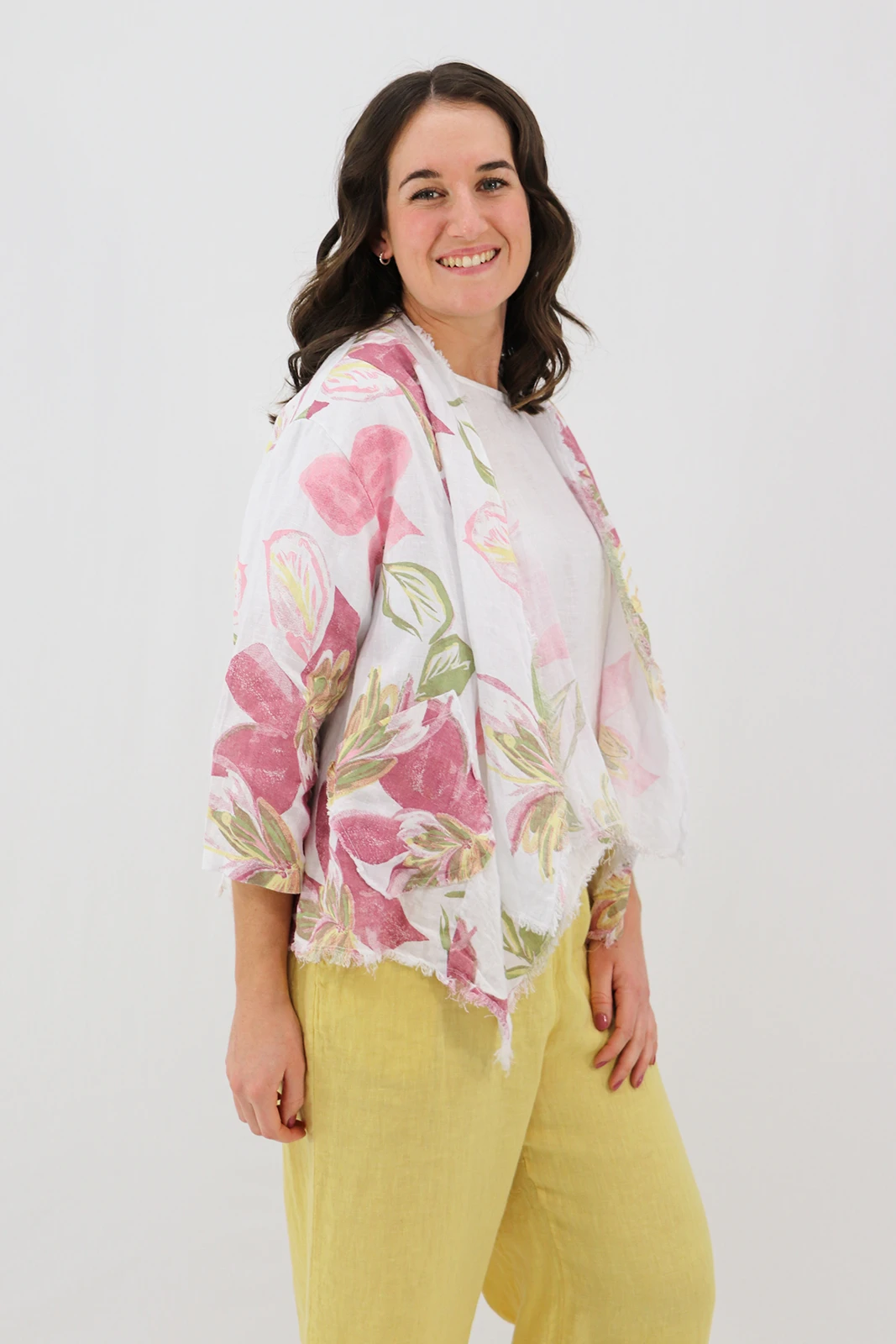 Aida Rose Linen Nella Raw Edge Cardi - Lily White Model 2 Side