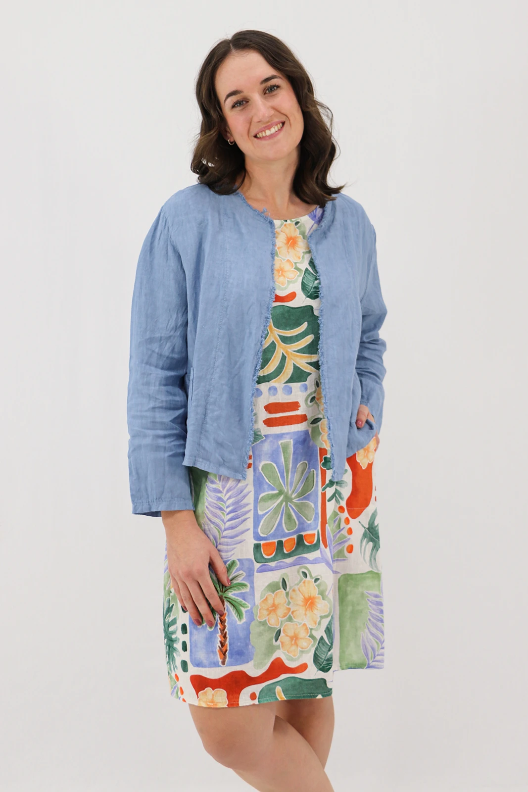 Aida Rose Linen Florenza Linen Jacket Denim Front