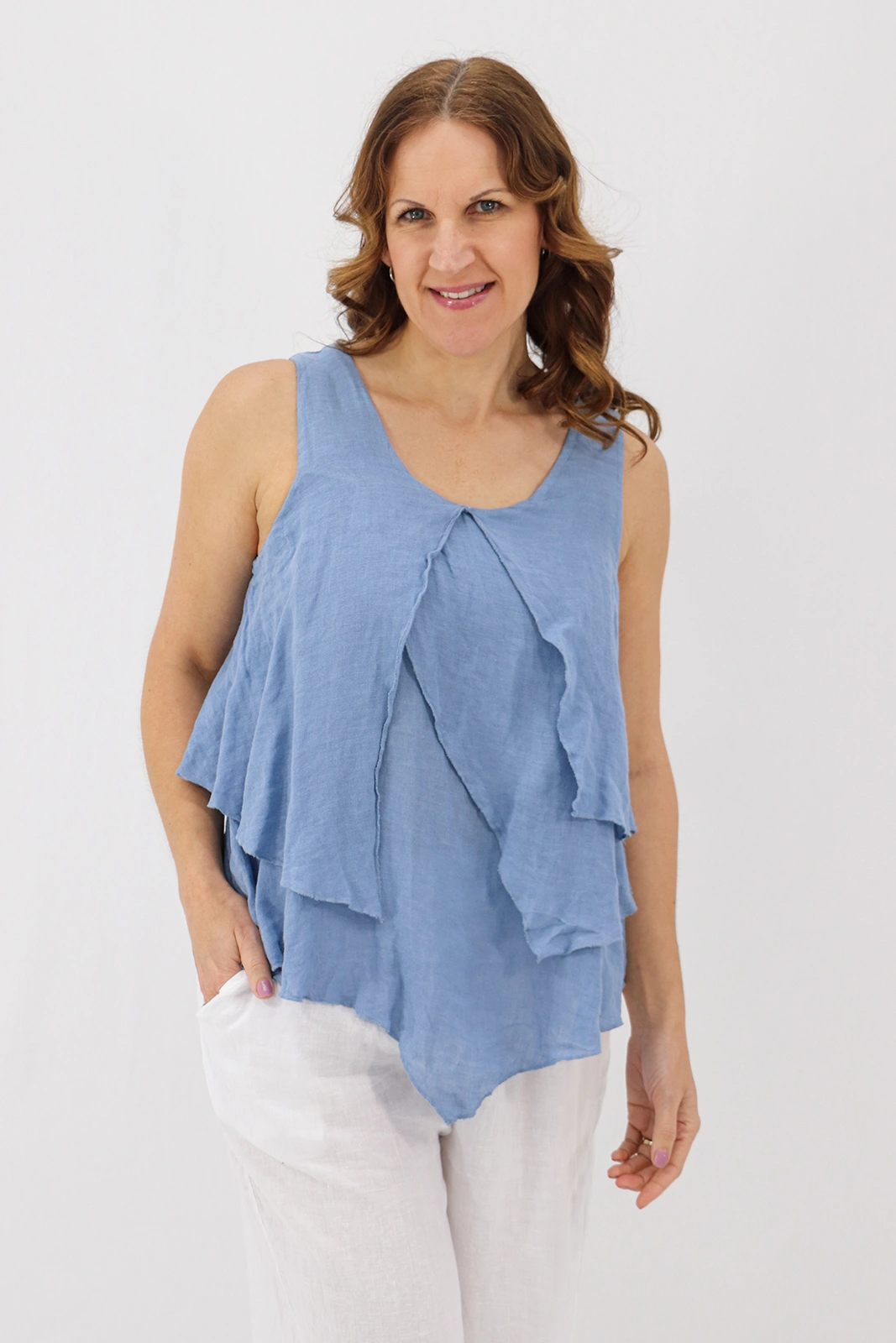Aida Rose Linen Marsalla Layered Gauze Blouse Denim