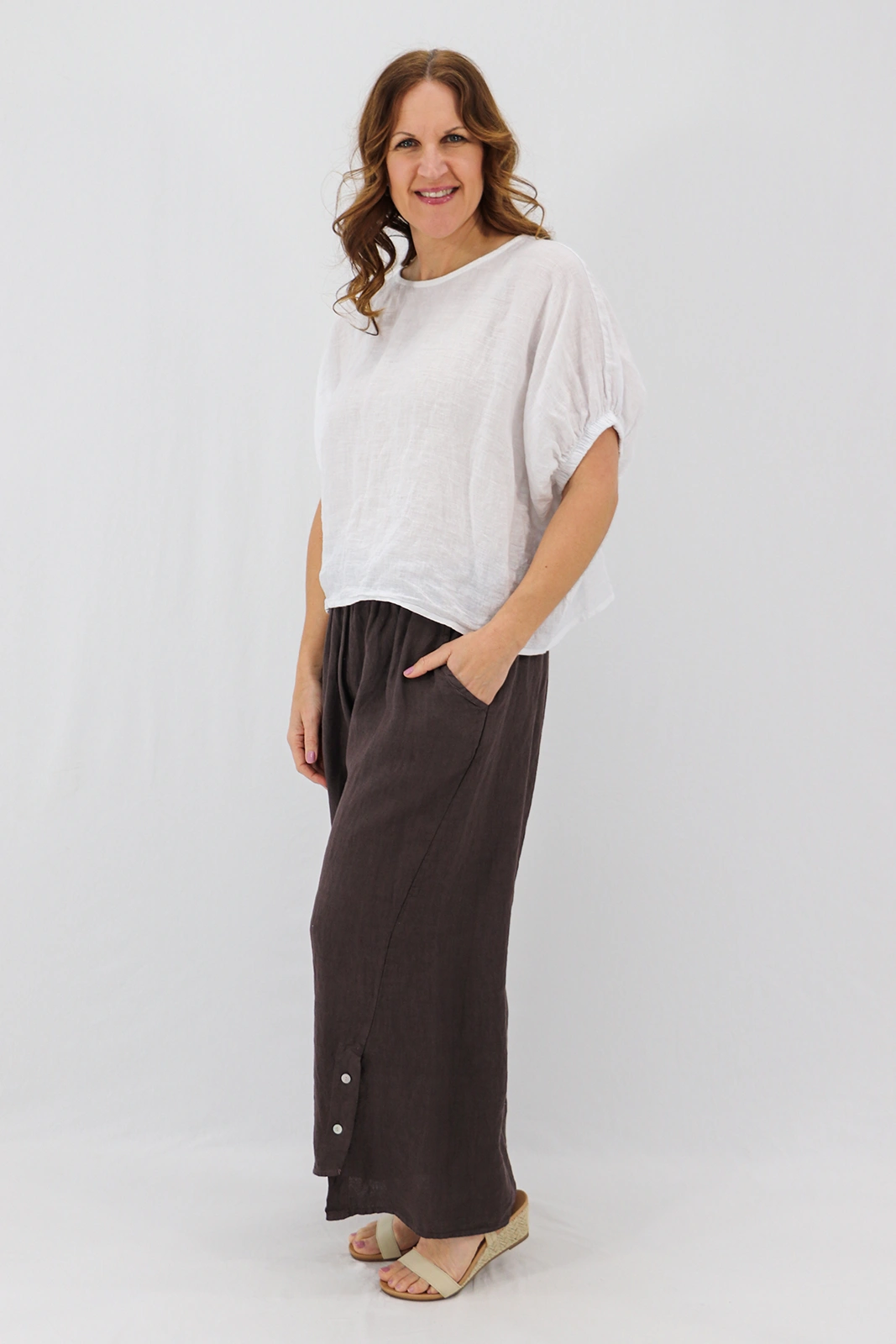 Aida Rose Linen Leone Split Hem Trousers Espresso Model