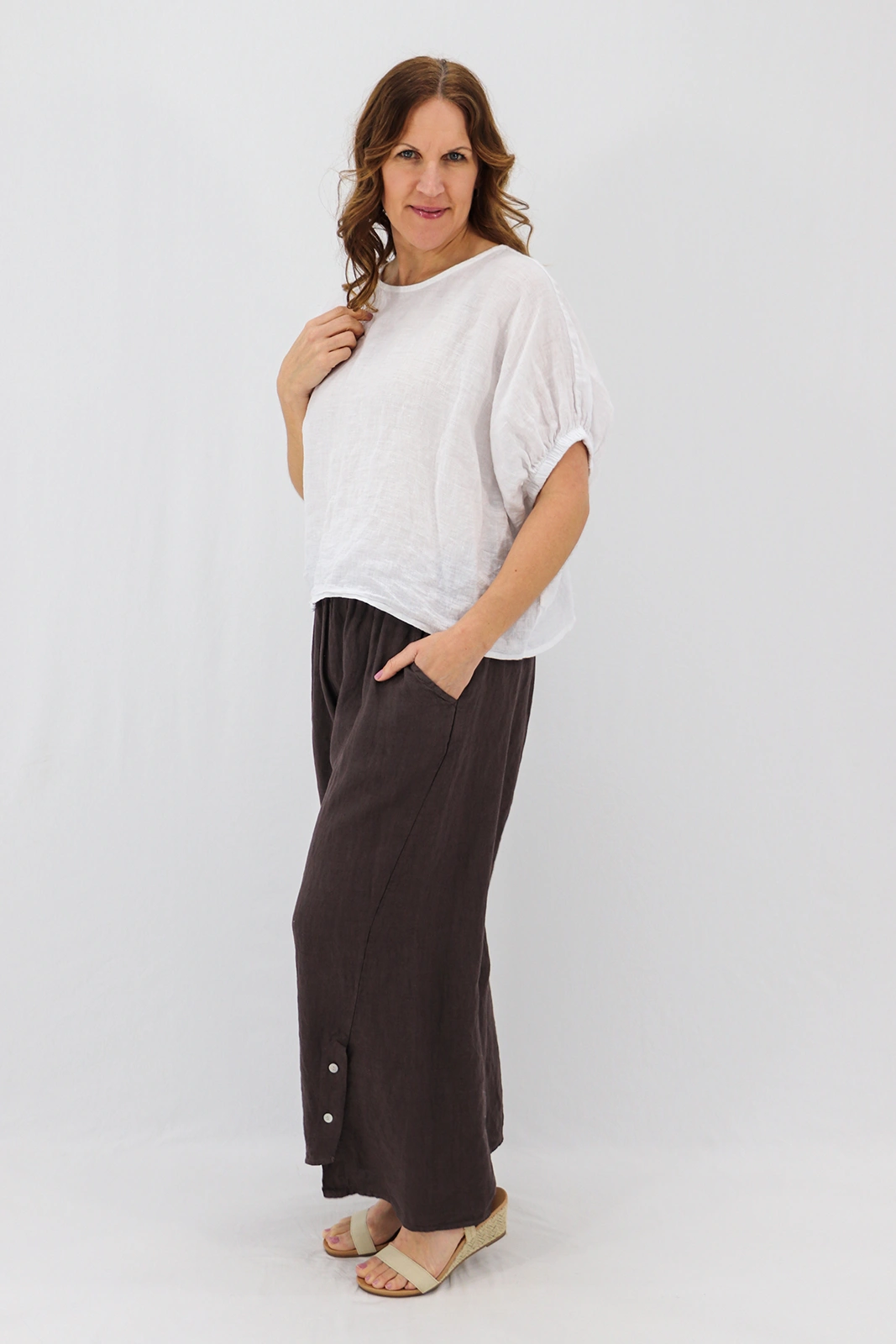 Aida Rose Linen Leone Split Hem Trousers Espresso Side