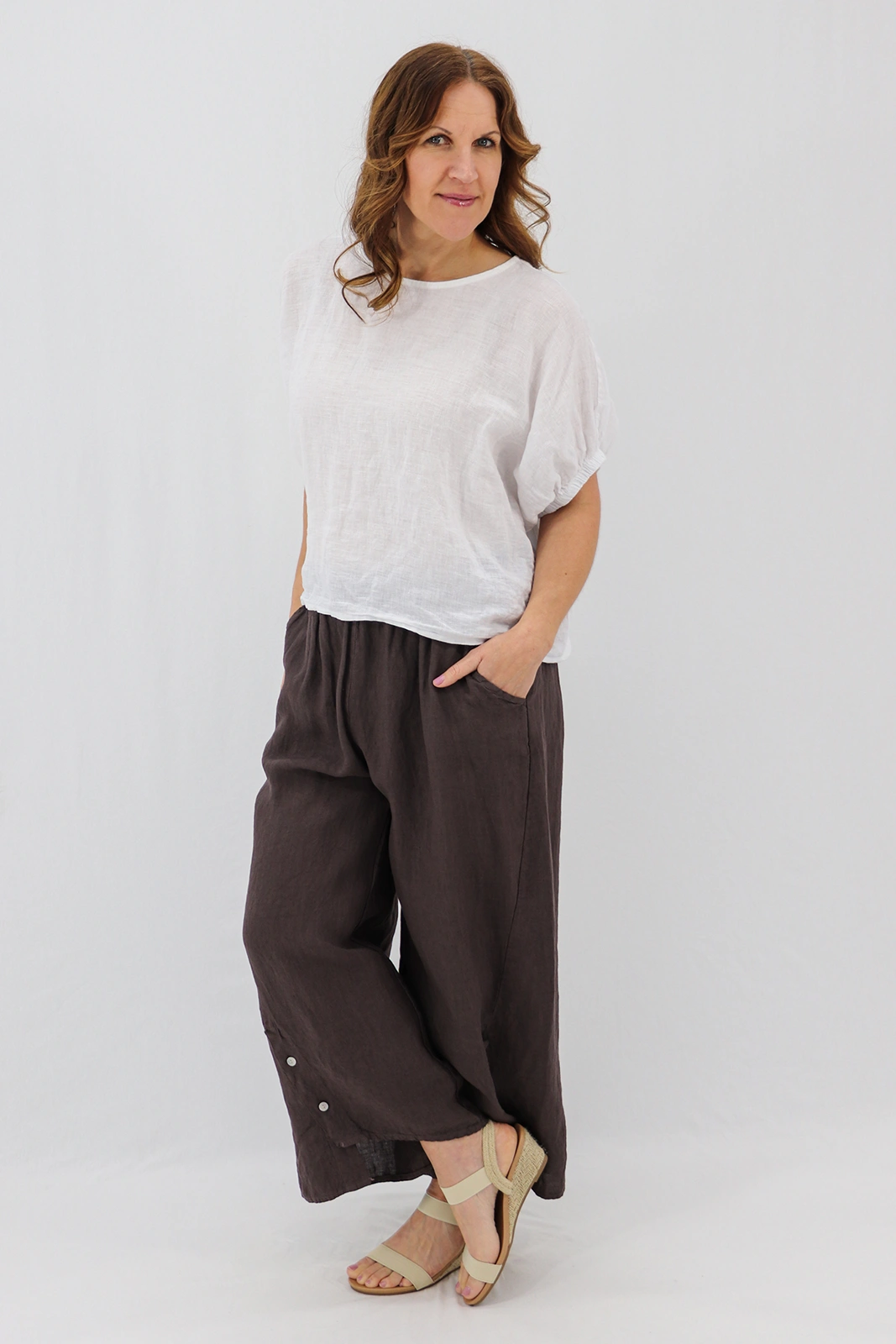 Aida Rose Linen Leone Split Hem Trousers Espresso Front