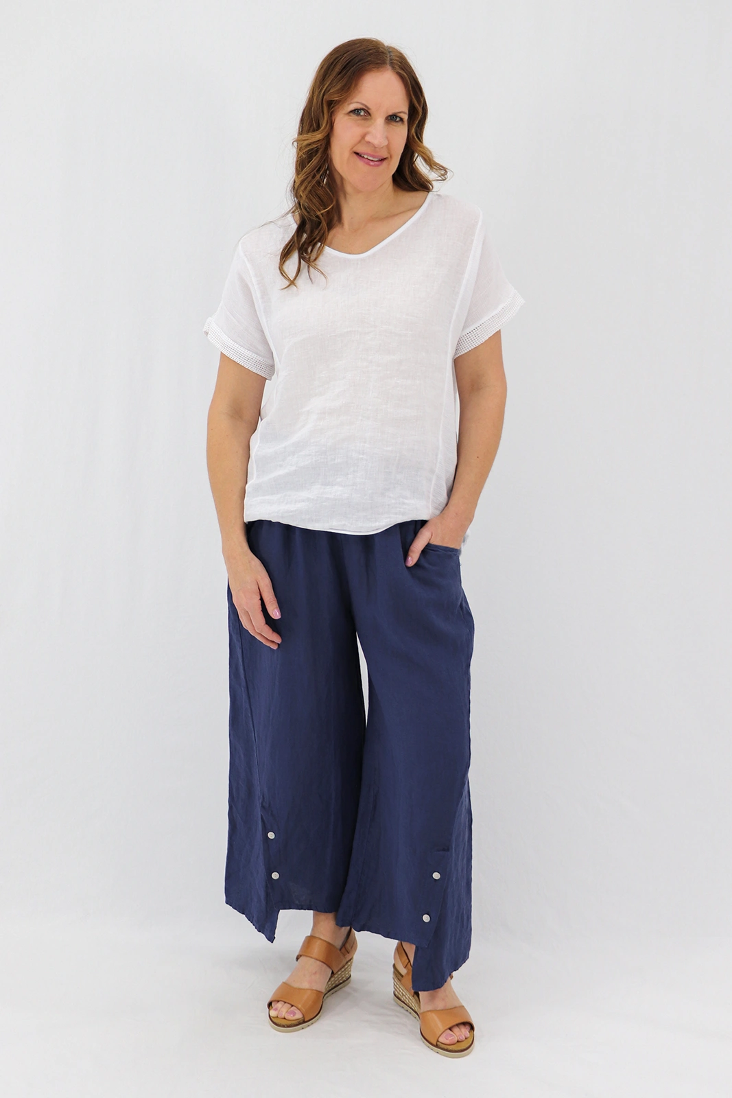 Aida Rose Linen Leone Split Hem Trousers Navy
