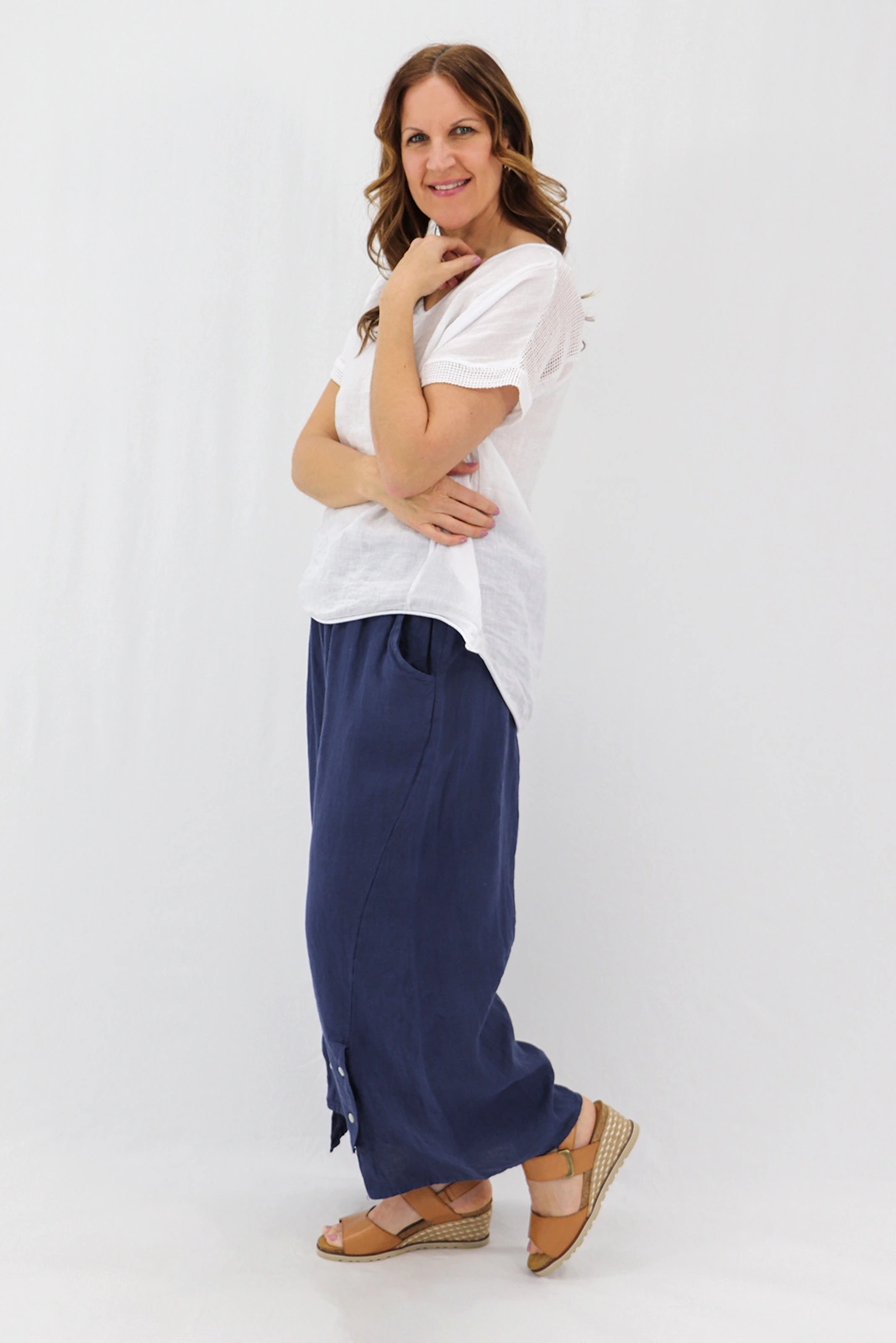 Aida Rose Linen Leone Split Hem Trousers Navy Side