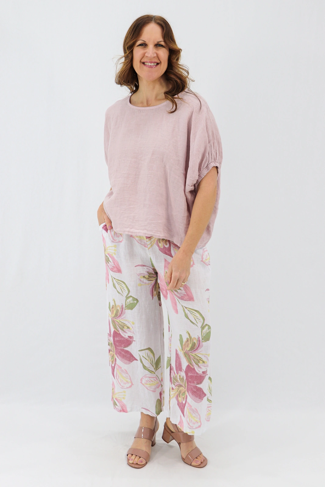 Aida Rose Linen Larissa Easy Linen Tee Antique Pink Side of Model