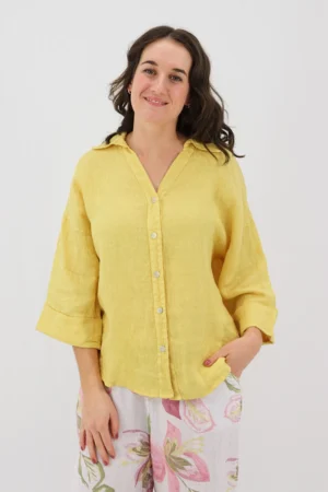 Aida Rose Linen Kierra 3/4 Button Up Shirt Tuscan Sun